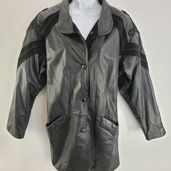 Womens‎ Vintage Black Genuine Leather Winlit short Trench Coat Jacket Medium Y2K - Picture 5 of 12